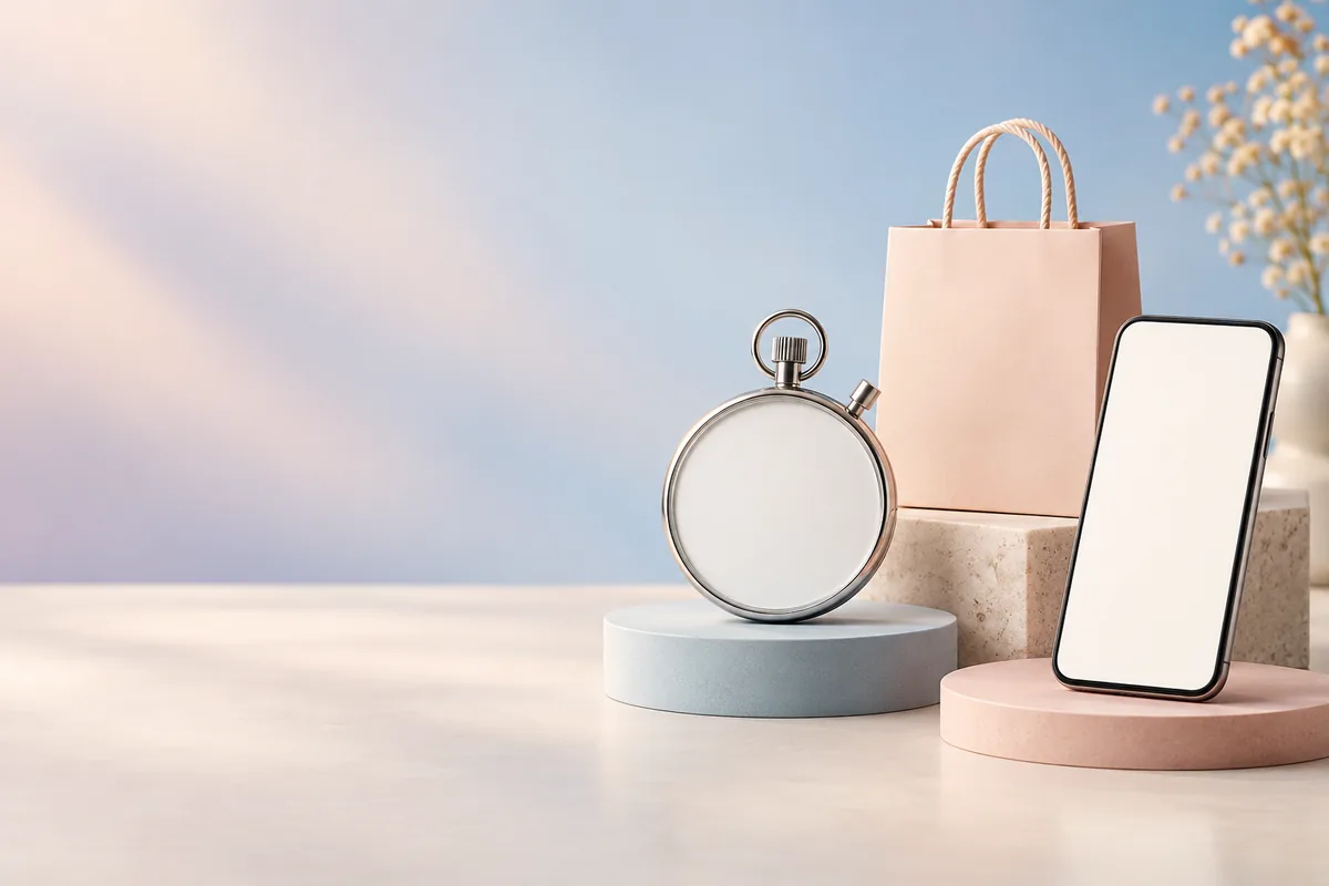 Stopwatch beside shopping bag and phone on pastel tabletop