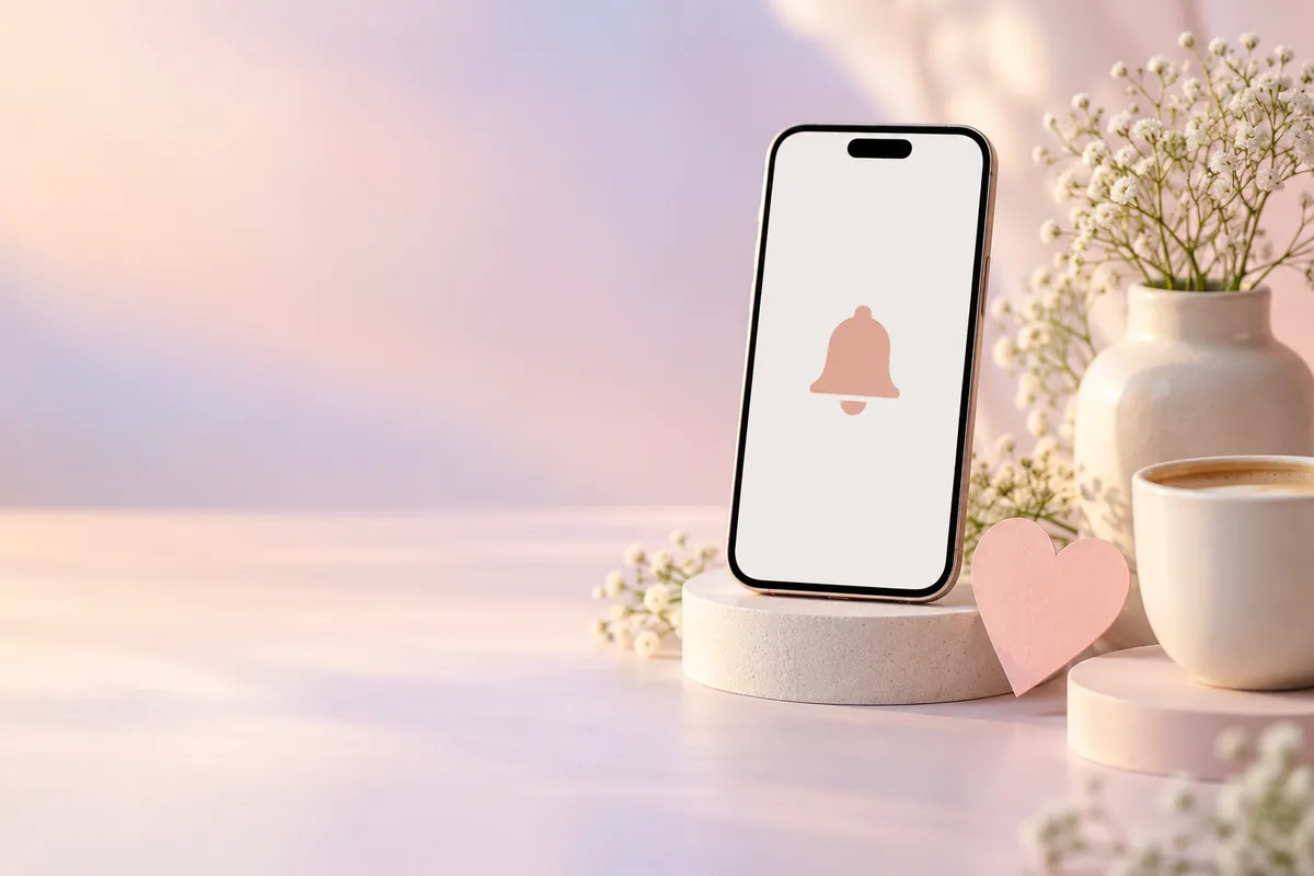 Smartphone with blank bell beside heart card and coffee cup