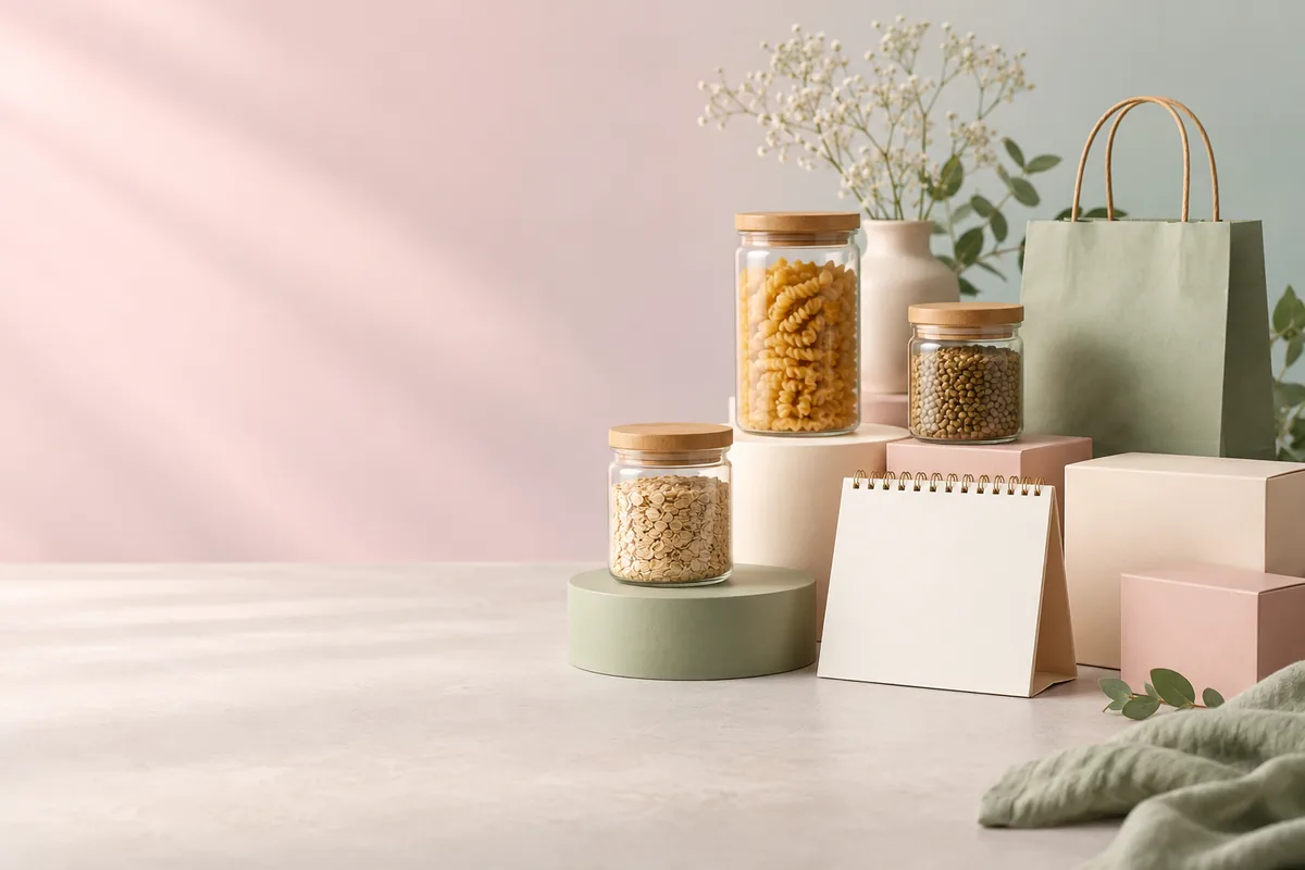 Pastel flat lay with pantry containers, calendar and shopping bag