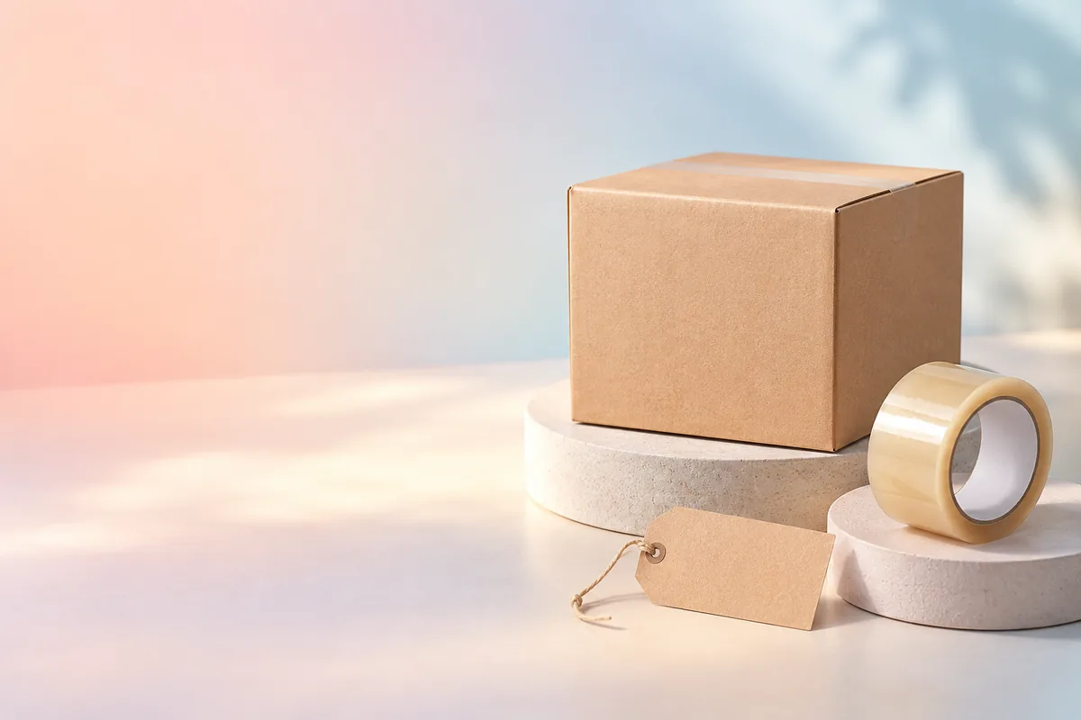 Plain cardboard box with tape and blank tag on pastel tabletop