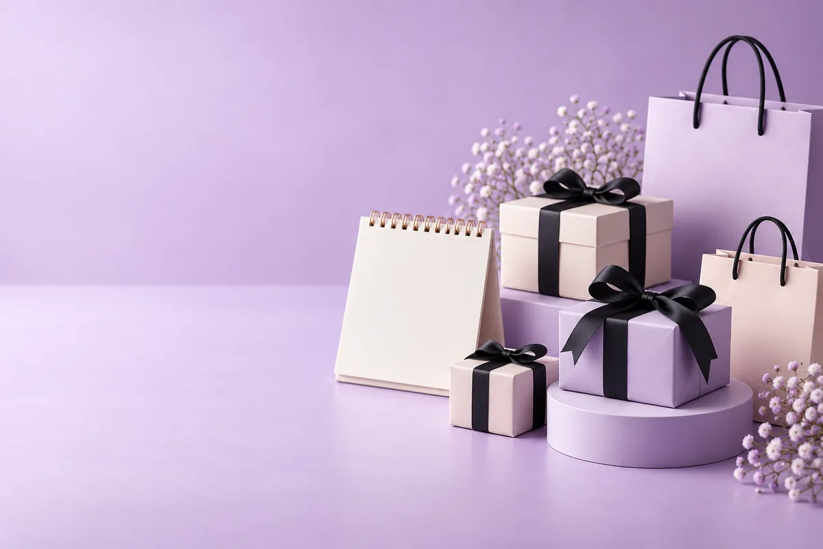 Pastel holiday shopping calendar with gift boxes and paper bags