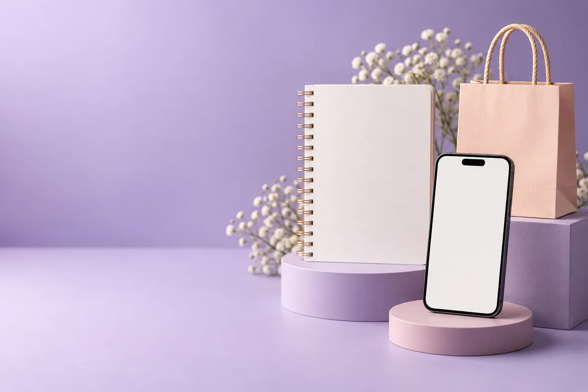 Pastel Black Friday planning scene with notebook phone and shopping bag