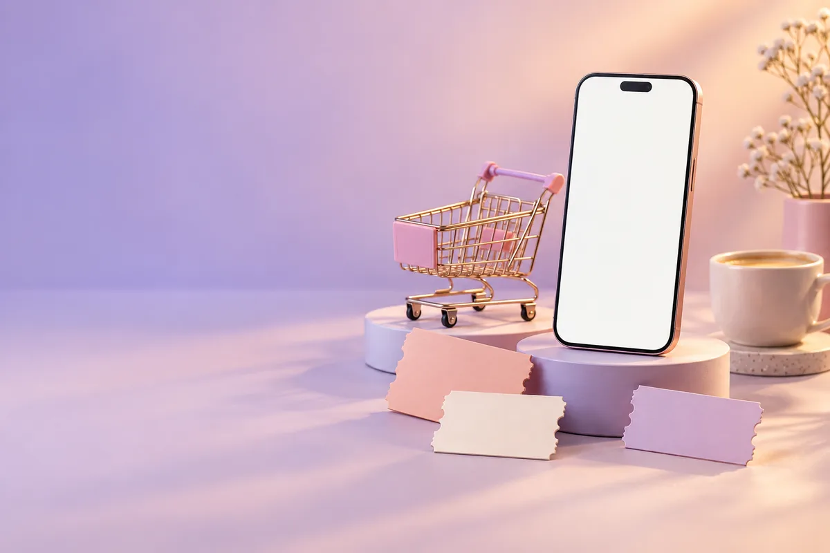 Pastel shopping flat lay with phone, coupons, cart, and coffee cup