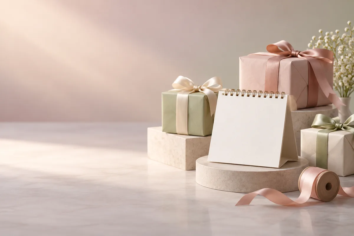 Pastel holiday gift planning scene with boxes calendar and ribbon
