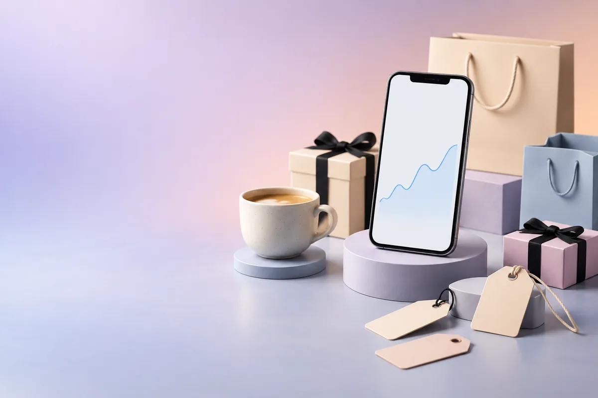Smartphone with blank price chart beside tags and coffee cup