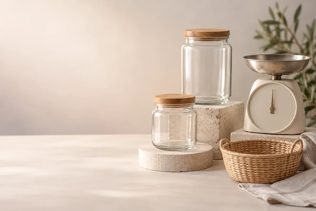 Two glass jars beside kitchen scale and basket on pastel tabletop
