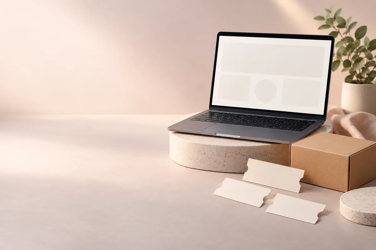 Laptop dashboard beside shipping box and blank coupon ticket shapes
