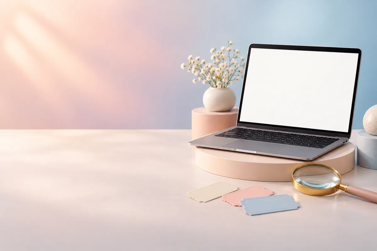 Laptop with blank page beside magnifying glass and ticket shapes