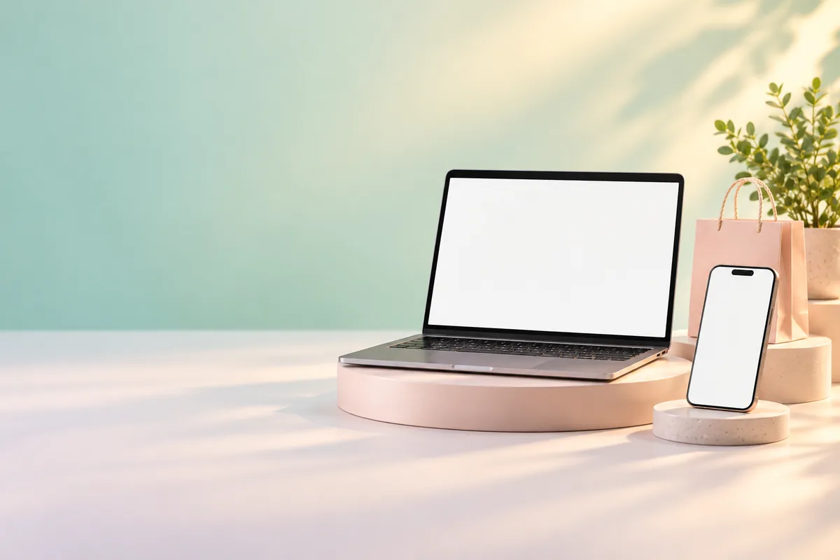 Pastel checkout workspace with laptop phone paper bag and plant