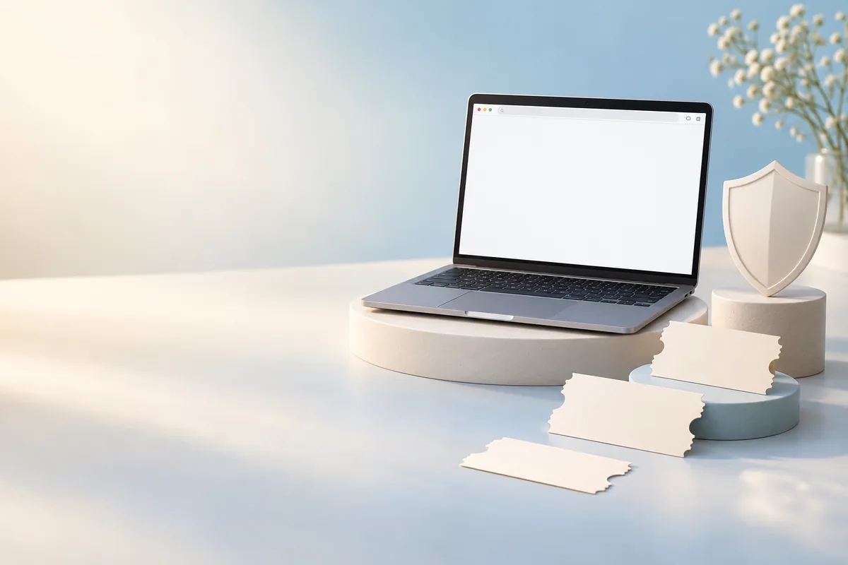 Pastel laptop, shield shape and blank coupon tickets on tabletop