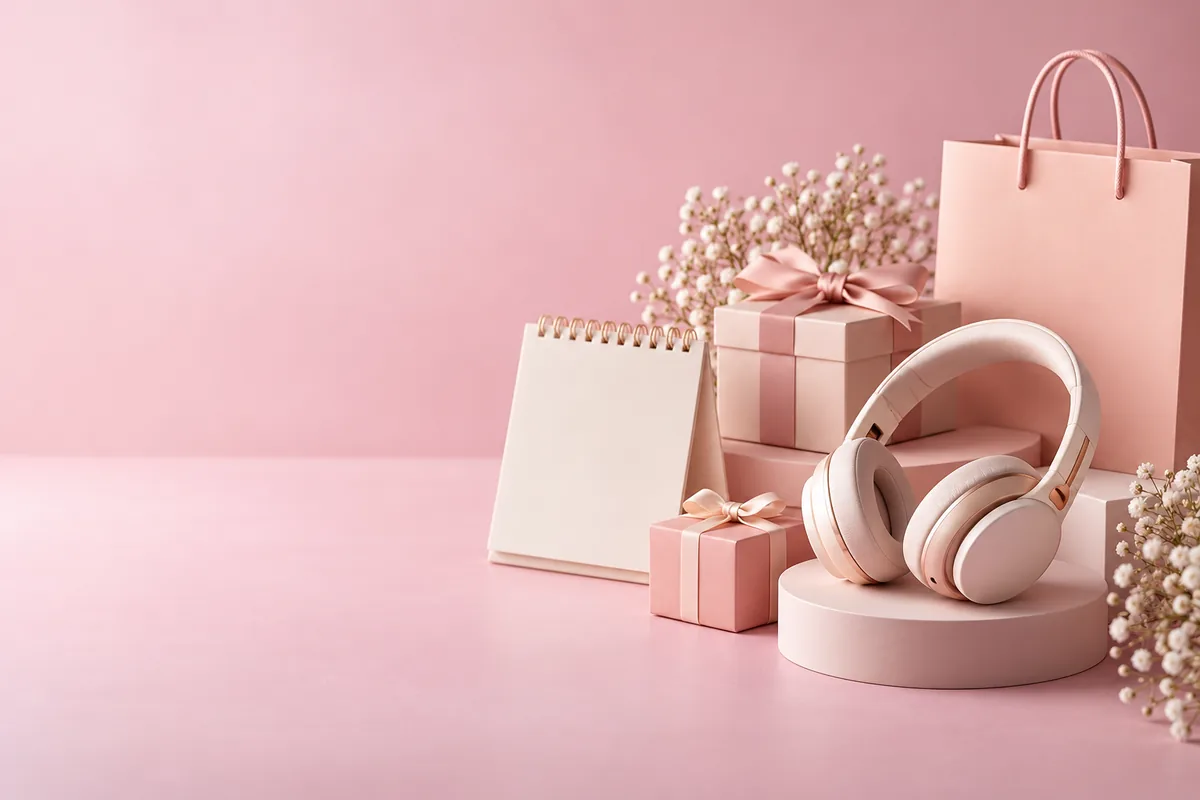 Pastel shopping event flat lay with gift boxes and wireless headphones
