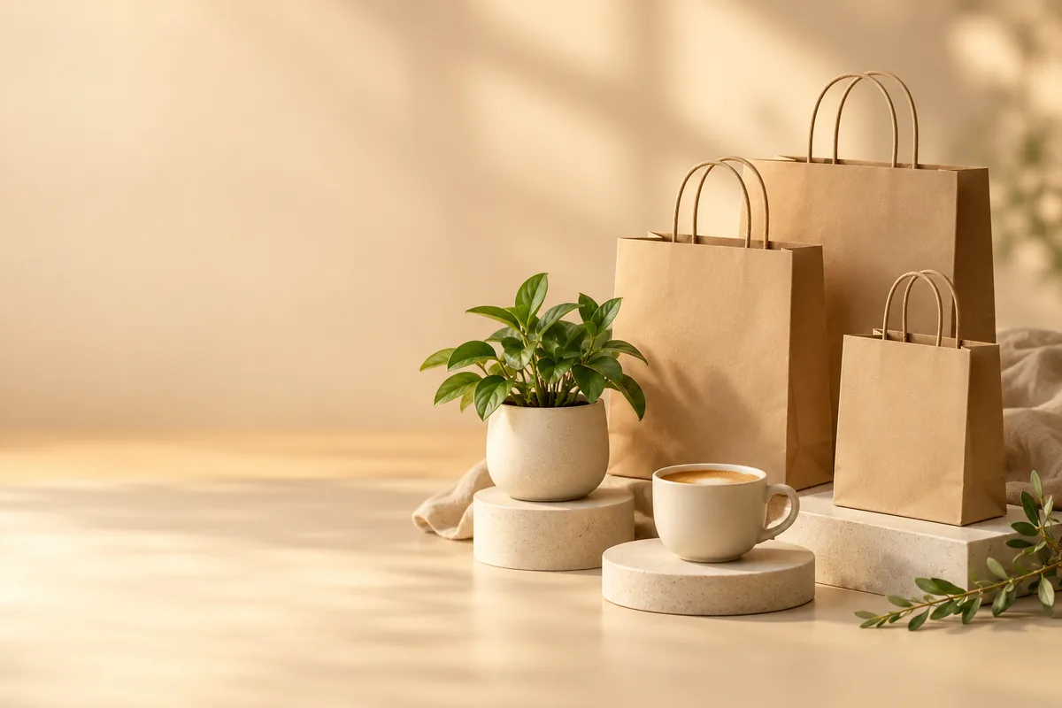 Pastel small business shopping scene with paper bags plant and coffee